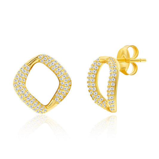 Sterling Silver, Pave CZ Square Necklace & Earrings Set - Gold Plated