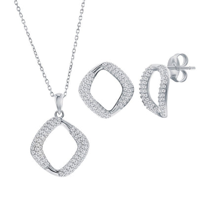 Sterling Silver, Pave CZ Square Necklace & Earrings Set