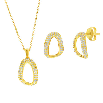 Sterling Silver, Pave CZ Oval-Shaped Necklace & Earrings Set - Gold Plated