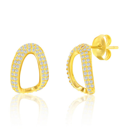 Sterling Silver, Pave CZ Oval-Shaped Necklace & Earrings Set - Gold Plated