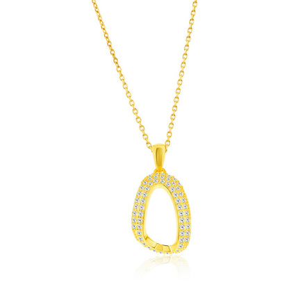 Sterling Silver, Pave CZ Oval-Shaped Necklace & Earrings Set - Gold Plated