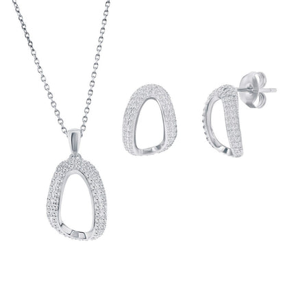 Sterling Silver, Pave CZ Oval-Shaped Necklace & Earrings Set