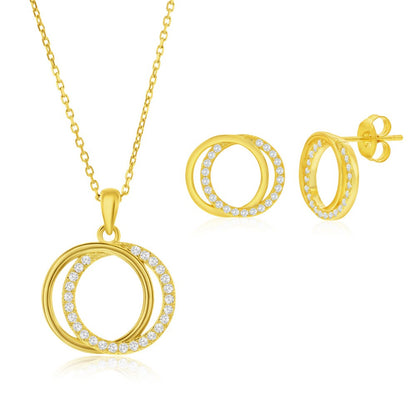 Sterling Silver, Interlocking Circle CZ Necklace & Earrings Set - Gold Plated
