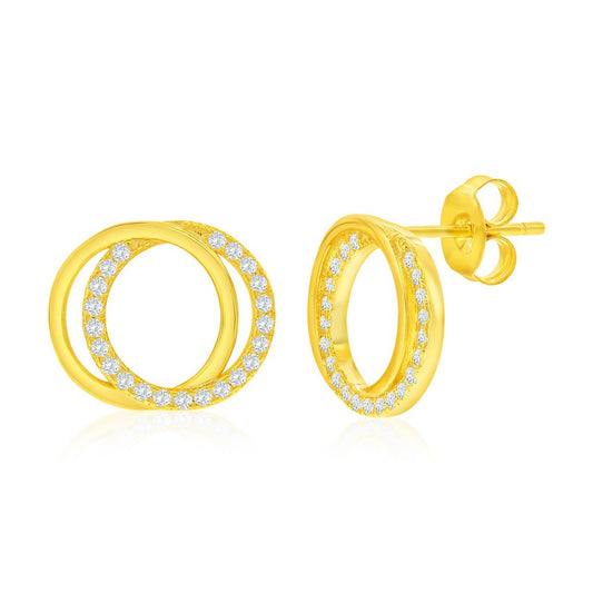 Sterling Silver, Interlocking Circle CZ Necklace & Earrings Set - Gold Plated