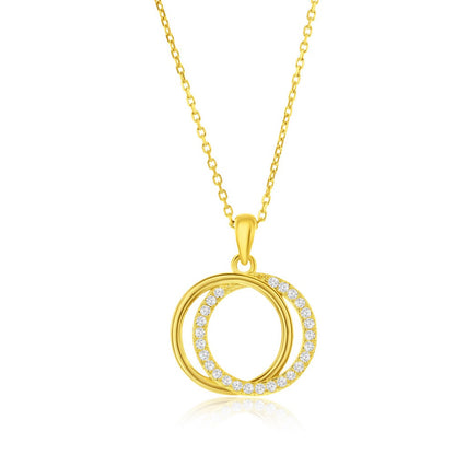 Sterling Silver, Interlocking Circle CZ Necklace & Earrings Set - Gold Plated