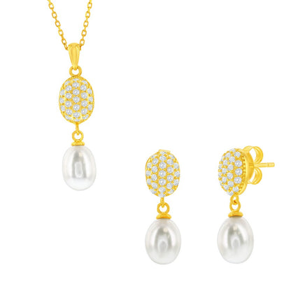 Sterling Silver, Oval Pave CZ & Pearl Necklace & Earrings Set - Gold Plated