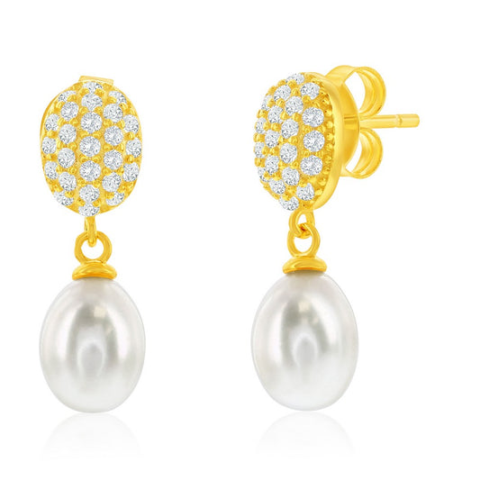 Sterling Silver, Oval Pave CZ & Pearl Necklace & Earrings Set - Gold Plated