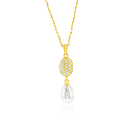 Sterling Silver, Oval Pave CZ & Pearl Necklace & Earrings Set - Gold Plated