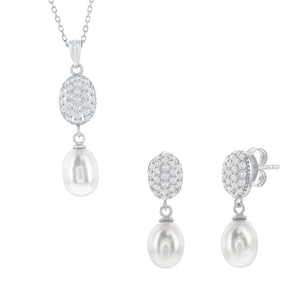Sterling Silver, Oval Pave CZ & Freshwater Pearl Necklace & Earrings Set