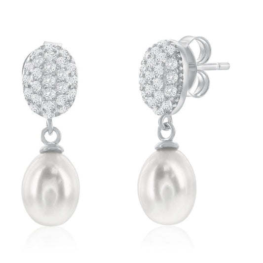 Sterling Silver, Oval Pave CZ & Freshwater Pearl Necklace & Earrings Set