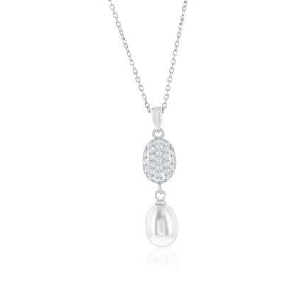 Sterling Silver, Oval Pave CZ & Freshwater Pearl Necklace & Earrings Set