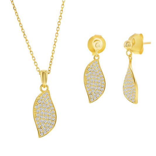 Sterling Silver, Pave CZ Wave Design Necklace & Earrings Set - Gold Plated