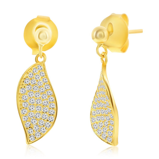 Sterling Silver, Pave CZ Wave Design Necklace & Earrings Set - Gold Plated