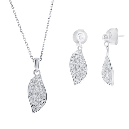 Sterling Silver, Pave CZ Wave Design Necklace & Earrings Set