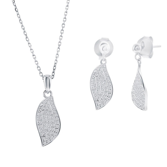 Sterling Silver, Pave CZ Wave Design Necklace & Earrings Set
