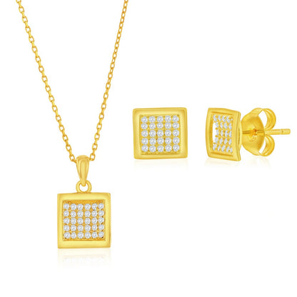 Sterling Silver, Square Pave CZ Necklace & Earrings Set - Gold Plated