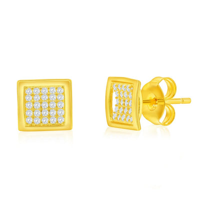 Sterling Silver, Square Pave CZ Necklace & Earrings Set - Gold Plated