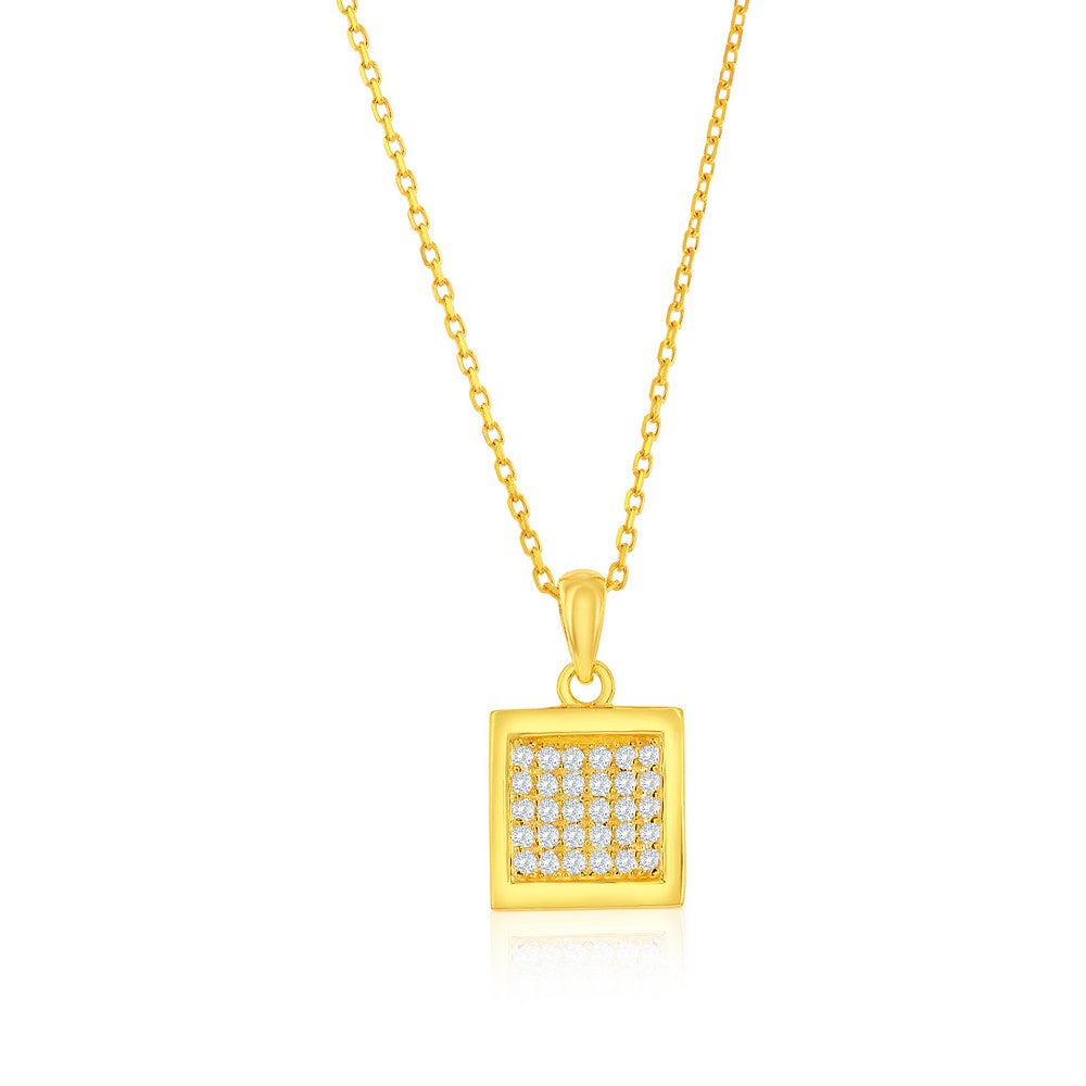 Sterling Silver, Square Pave CZ Necklace & Earrings Set - Gold Plated