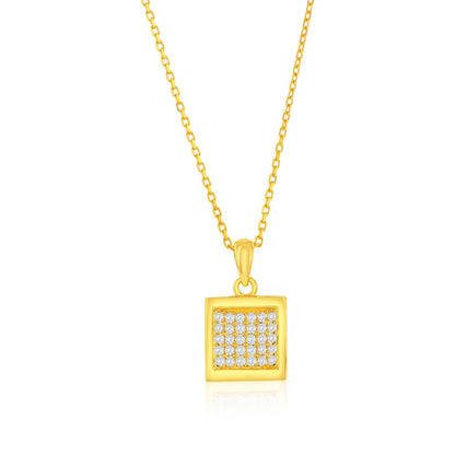 Sterling Silver, Square Pave CZ Necklace & Earrings Set - Gold Plated