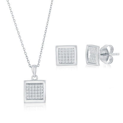 Sterling Silver, Square Pave CZ Necklace & Earrings Set