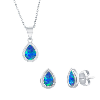 Sterling Silver, Pearshaped Opal Pendant & Earrings Set