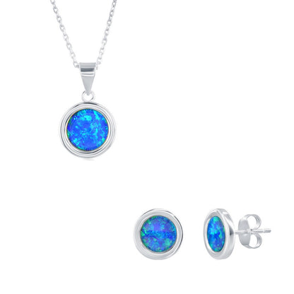 Sterling Silver, Round Blue Opal Necklace & Earrings Set
