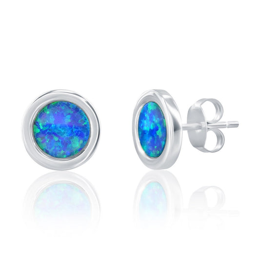 Sterling Silver, Round Blue Opal Necklace & Earrings Set