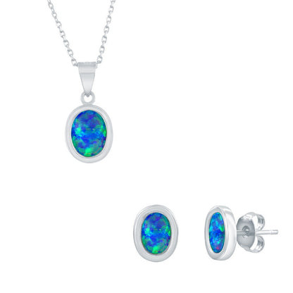Sterling Silver, Oval Blue Opal Necklace & Earrings Set