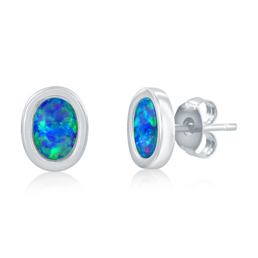 Sterling Silver, Oval Blue Opal Necklace & Earrings Set