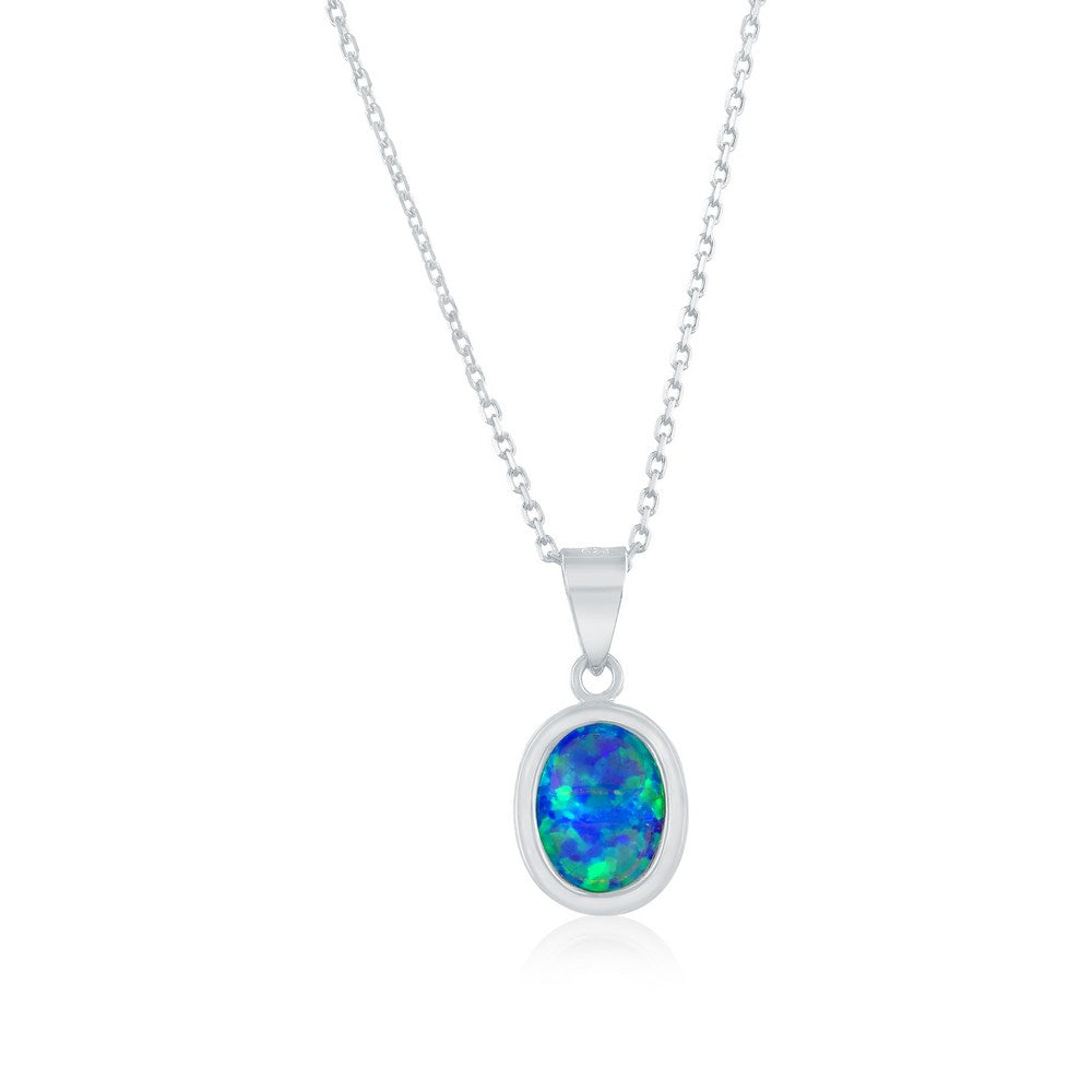 Sterling Silver, Oval Blue Opal Necklace & Earrings Set