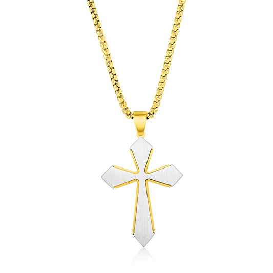 Stainless Steel Brushed Cross Necklace - Gold Plated