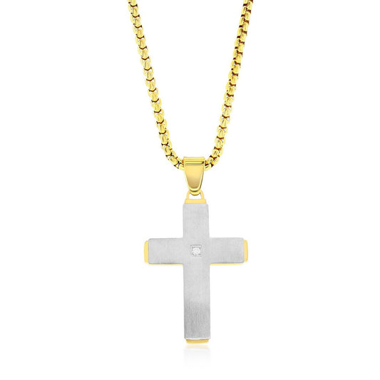 Stainless Steel Silver & Gold Single CZ Cross Necklace