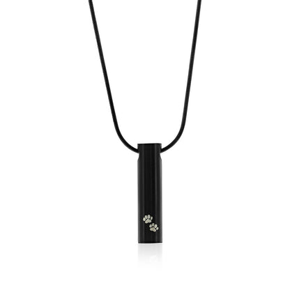 Stainless Steel, Black Cylinder with Paw Print Cremation Urn Necklace
