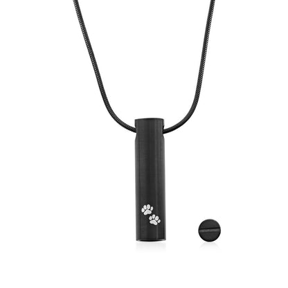 Stainless Steel, Black Cylinder with Paw Print Cremation Urn Necklace