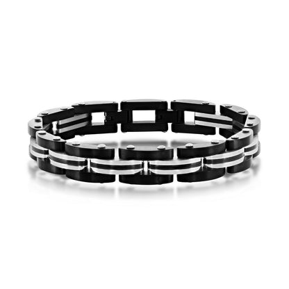 Stainless Steel Two-Toned Striped Link Bracelet - Black & Silver