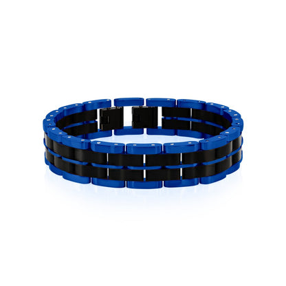 Stainless Steel, Two-Tone Double Striped Linked Bracelet - Black & Blue