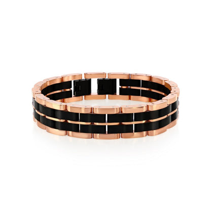 Stainless Steel, Two-Tone Double Striped Linked Bracelet - Black & Rose Gold