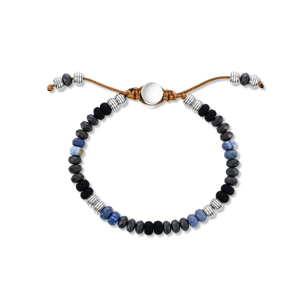 Stainless Steel, 6mm Genuine Bead Adjustable Bracelet - Onyx & Lapis