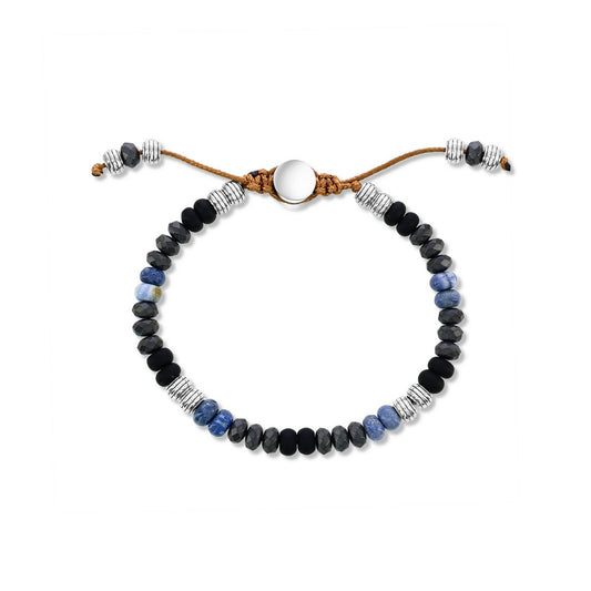 Stainless Steel, 6mm Genuine Bead Adjustable Bracelet - Onyx & Lapis