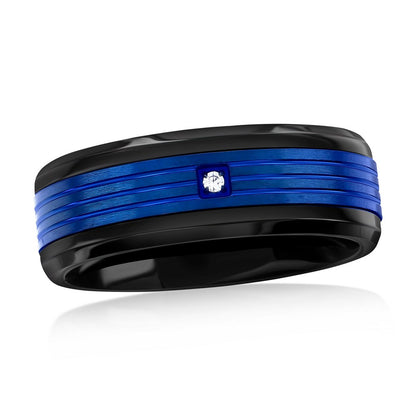 Stainless Steel, Black & Blue, CZ Ring