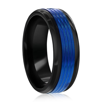 Stainless Steel, Black & Blue CZ Ring