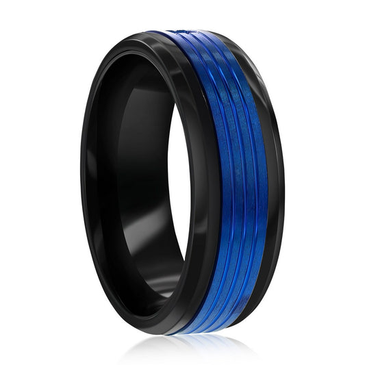Stainless Steel, Black & Blue, CZ Ring