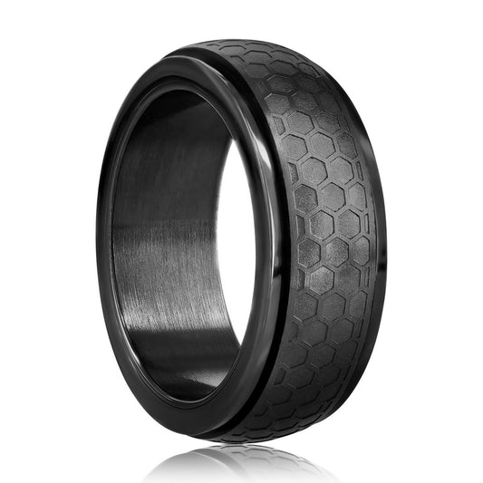 Stainless Steel Honey Comb Design Spinner Ring - Black Plated