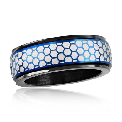 Stainless Steel Honey Comb Design Spinner Ring - Blue & Silver