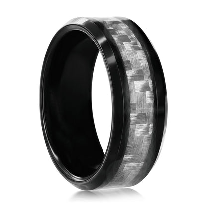 Black Plated Tungsten Ring - Silver Carbon Fiber