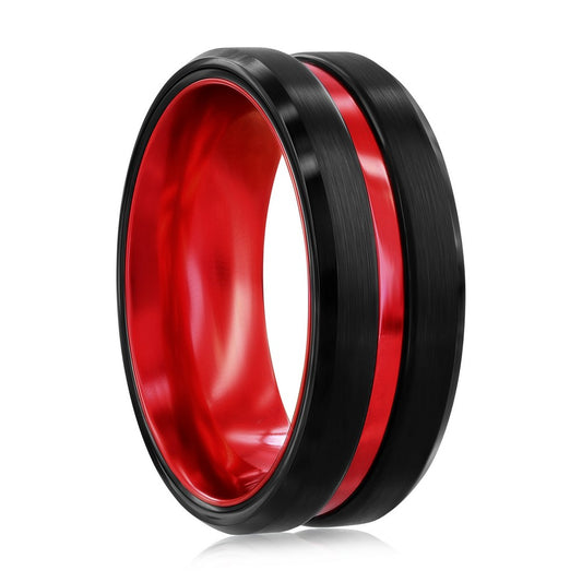 Black & Red Stripe Tungsten Ring - Matte & Polished