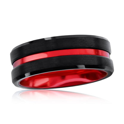 Black & Red Stripe Tungsten Ring - Matte & Polished
