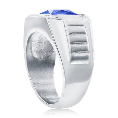 Stainless Steel Square CZ Ring - Genuine Blue Spinel