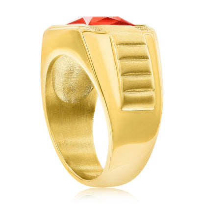 Stainless Steel Square CZ Ring - Genuine Red Spinel - Gold Plated