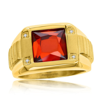 Stainless Steel Square CZ Ring - Genuine Red Spinel - Gold Plated